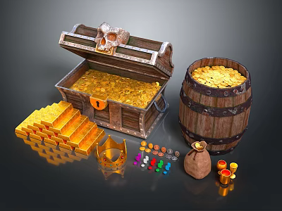 Open Treasure Chest Filled With Gold Coins Wooden Barrel Gold Bars And Crown 3d model