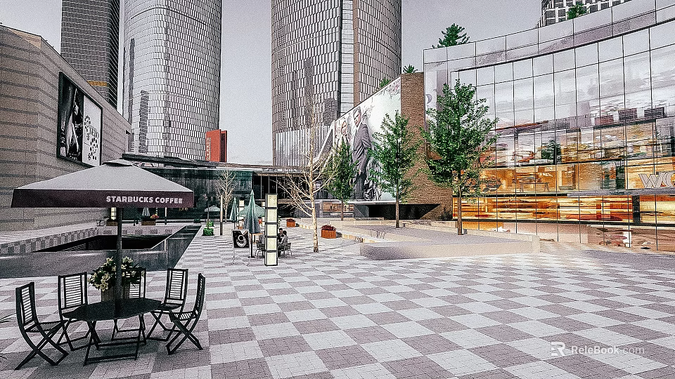 Tall Modern Commercial Street with Glass Facade Buildings Francesca's Coffee Checkerboard Plaza and Green Trees 3d model 