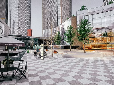 Tall Modern Commercial Street with Glass Facade Buildings Francesca's Coffee Checkerboard Plaza and Green Trees 3d model