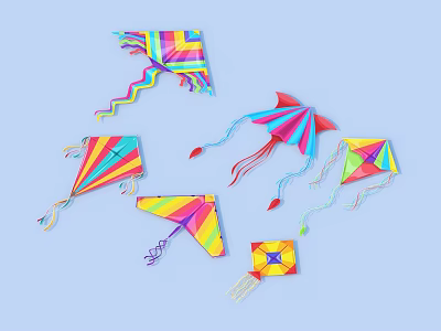 Vibrant Colorful Kites With Various Shapes And Designs On Blue Background 3d model
