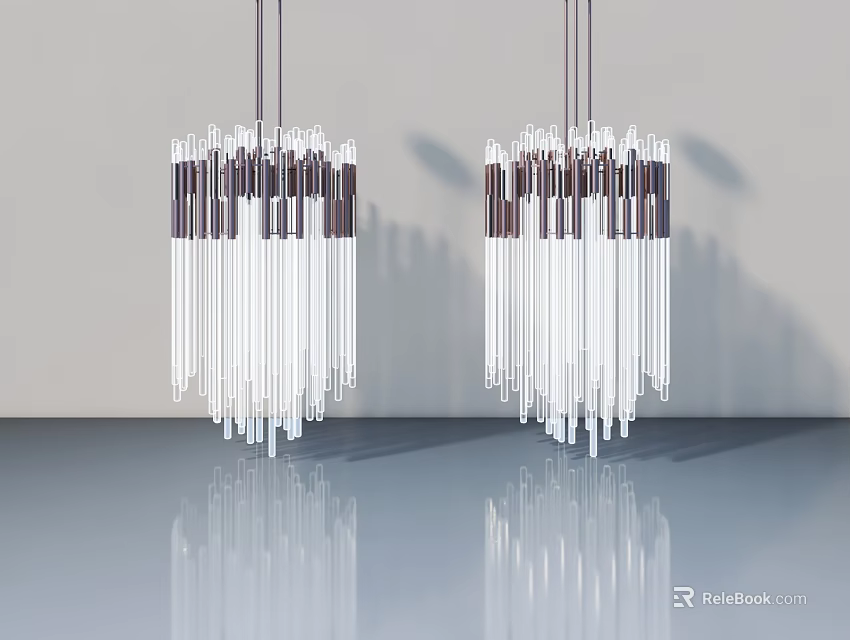 Hinged Door Design In Space With Transparent Tube Chandeliers And Reflective Floor 3d model 