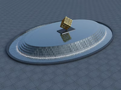 Garden Ornament Circular Pool With Stepped Edges Golden Cube On Black Base And Water Reflection 3d model