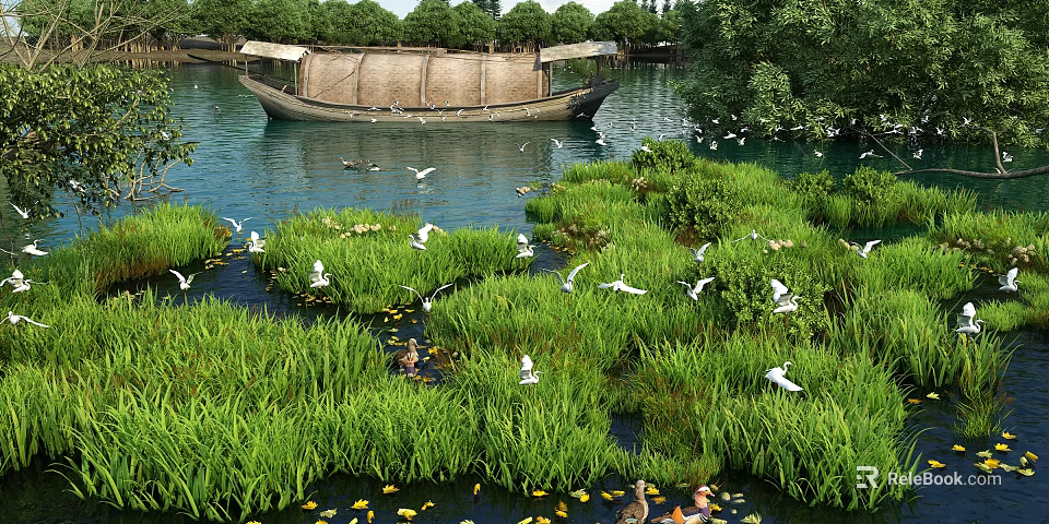 Beautiful Wetland Garden Landscape With Lush Green Plants Flying Wild Birds And Ancient Wooden Boat 3d model 