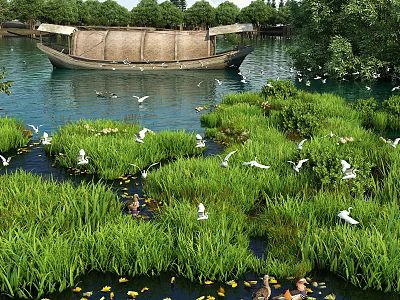 Beautiful Wetland Garden Landscape With Lush Green Plants Flying Wild Birds And Ancient Wooden Boat 3d model