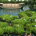 Beautiful Wetland Garden Landscape With Lush Green Plants Flying Wild Birds And Ancient Wooden Boat