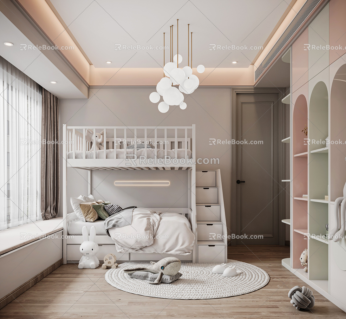 Modern Children's Room Bed Bed Mother Bed Chandelier Bedroom Wardrobe Simple 3d model