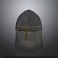 Medieval Historical Metal Helmet Featuring Golden Decorative Element And Chainmail Visor