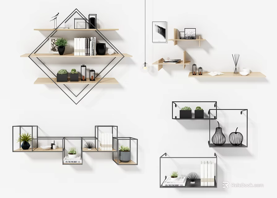 Modern Interior Wall Cabinets With Decorative Plants Books And Open Shelves 3d model 