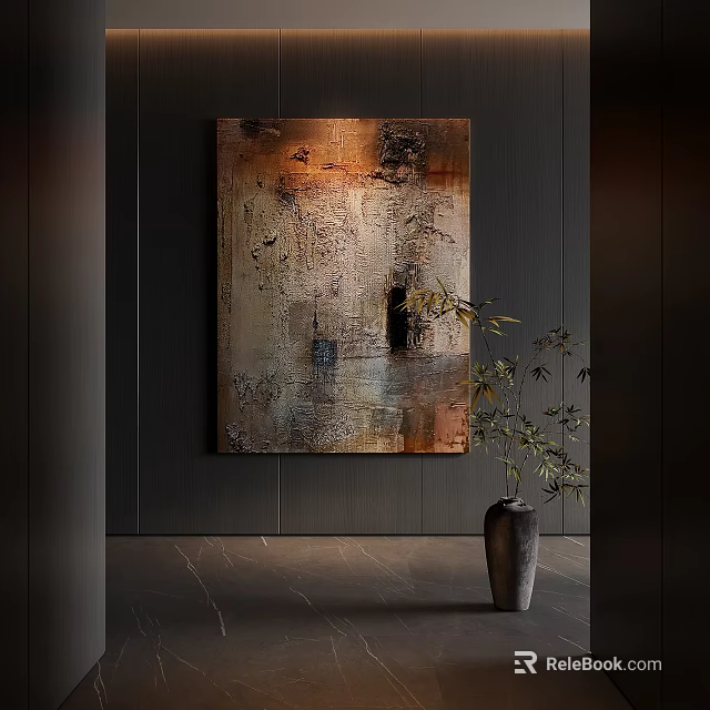 Abstract Painting with Textured Surface on Dark Wall and Vase with Green Plants 3d model 