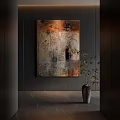Abstract Painting with Textured Surface on Dark Wall and Vase with Green Plants