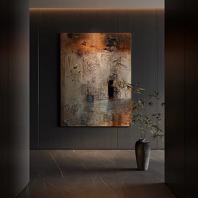 Abstract Painting with Textured Surface on Dark Wall and Vase with Green Plants 3d model