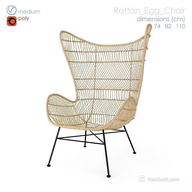 Elegant Rattan Wingback Leisure Chair With Black Metal Legs For Indoor Outdoor Use 3d model 