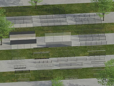 Outdoor Metal Railings With Various Designs In Park Sidewalk And Grass Area 3d model