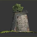 Stone Tower Structure With Small Windows Green Tree On Top And Grass Around Base 3d model