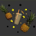 Fresh Tropical Pineapple Smoothie With Flying Chunks And Berries Around Two Pineapples