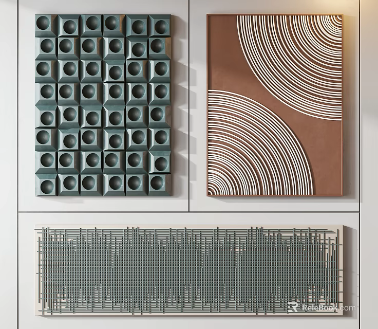 Modern Abstract Wall Art With Green Circular Patterns Brown Curved Lines And Gray Grid Panels 3d model 
