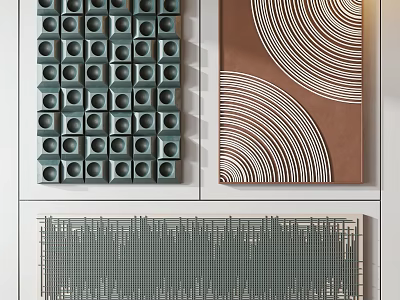 Modern Abstract Wall Art With Green Circular Patterns Brown Curved Lines And Gray Grid Panels 3d model