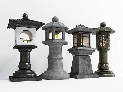 Traditional Design Outdoor Lamps With Pagoda Tops And Illuminated Intricate Cutouts 3d model