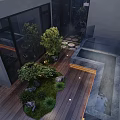Roof Garden Design with Wooden Deck Table Chairs Umbrella Green Plants and Evening Sky View