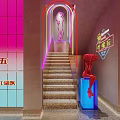 Modern Stylish Restaurant Interior With Neon Lights Red Walls Dining Tables And Display Shelves