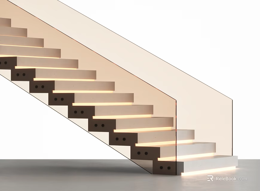 Modern Interior Staircase With Glass Railing And LED Step Lighting 3d model 
