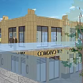 Modern Commercial Street With Outdoor Seating Red Umbrellas Shops And Pedestrians