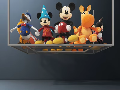 Various Colorful Cartoon Character Stuffed Plush Dolls Collection On Glass Shelf 3d model