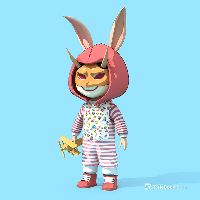 Pink Hoodie Rabbit Ears Plush Doll With Red Eyes Striped Onesie And Small Yellow Airplane 3d model 