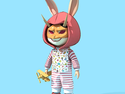 Pink Hoodie Rabbit Ears Plush Doll With Red Eyes Striped Onesie And Small Yellow Airplane 3d model