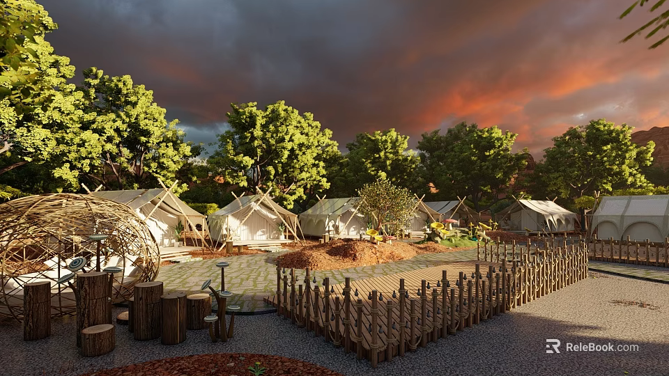 Campsite with Tents Wooden Fence and Tables in Natural Setting Under Red Sunset Sky 3d model 