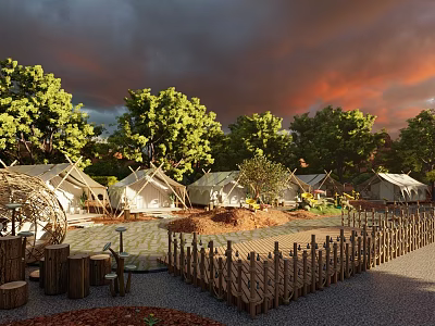 Campsite with Tents Wooden Fence and Tables in Natural Setting Under Red Sunset Sky 3d model