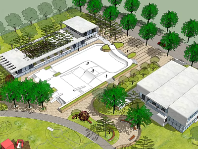 Campus Landscape Design Featuring Skate Park Modern Buildings Green Trees And Walkways 3d model