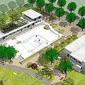 Campus Landscape Design Featuring Skate Park Modern Buildings Green Trees And Walkways