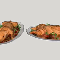 Delicious Roasted Suckling Pig Served on White Plates with Fresh Herb Garnish