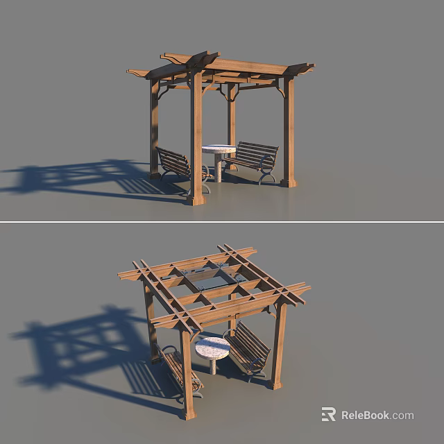 Outdoor Wooden Pergola with Cross Beam Roof Structure and Table Benches 3d model 