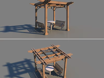 Outdoor Wooden Pergola with Cross Beam Roof Structure and Table Benches 3d model
