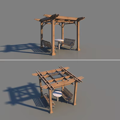 Outdoor Wooden Pergola with Cross Beam Roof Structure and Table Benches 3d model