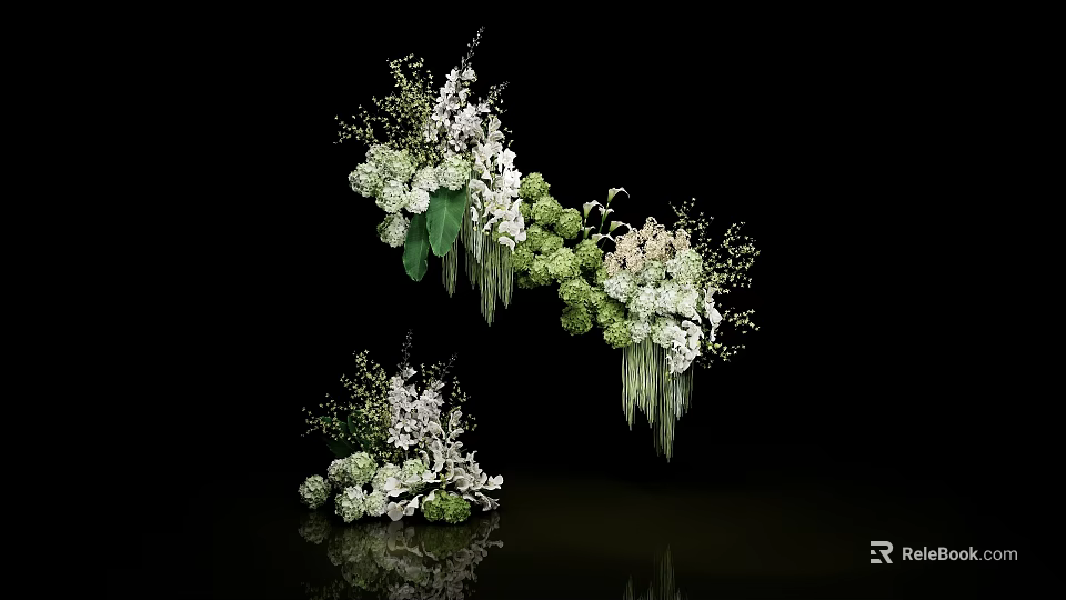 Curved Arch Vase Flowers With Green White Blooms And Smaller Part On Black Reflective Background 3d model 
