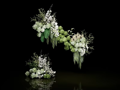 Curved Arch Vase Flowers With Green White Blooms And Smaller Part On Black Reflective Background 3d model