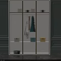 Modern Wardrobe With Glass Doors Golden Frames Hanging Clothes Storage Boxes And Gray Blue Walls