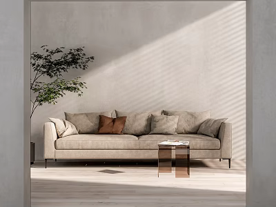 Beige Double Sofa With Brown Pillows Metal Coffee Table And Green Plant In Sunlit Room 3d model