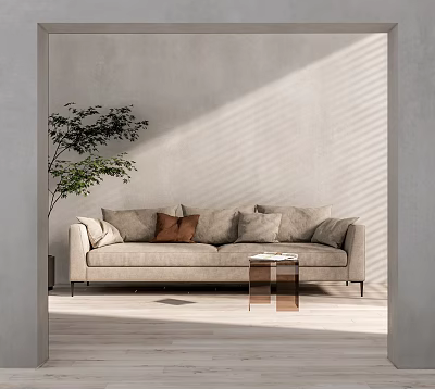 Beige Double Sofa With Brown Pillows Metal Coffee Table And Green Plant In Sunlit Room 3d model