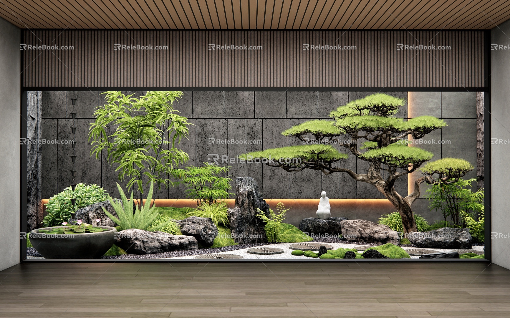 New Chinese Style Patio Courtyard Sketches Interior Landscape Tingbu Stone Head Bryophytes Landscape Plants Combination 3d model