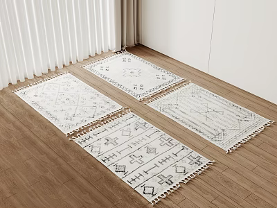 Multiple Square Rugs With Geometric Patterns And Fringes On Wooden Floor 3d model