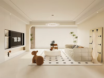 Modern Living Room Interior With White Sofa Coffee Table TV Chandelier Plants And Black White Rug 3d model