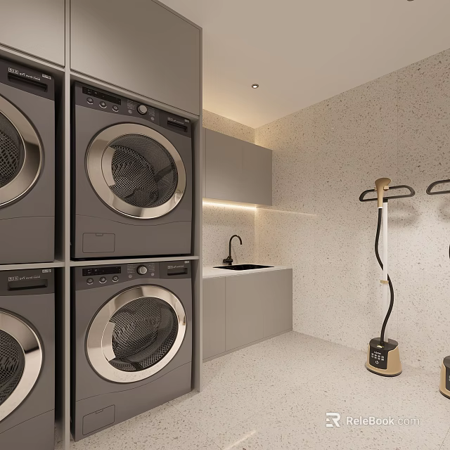 Modern Laundry Room Interior With Stacked Washing Machines Dryers Sink And Ironing Station 3d model 