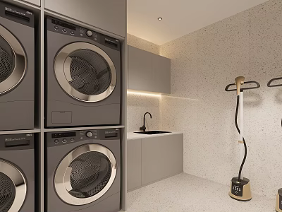 Modern Laundry Room Interior With Stacked Washing Machines Dryers Sink And Ironing Station 3d model