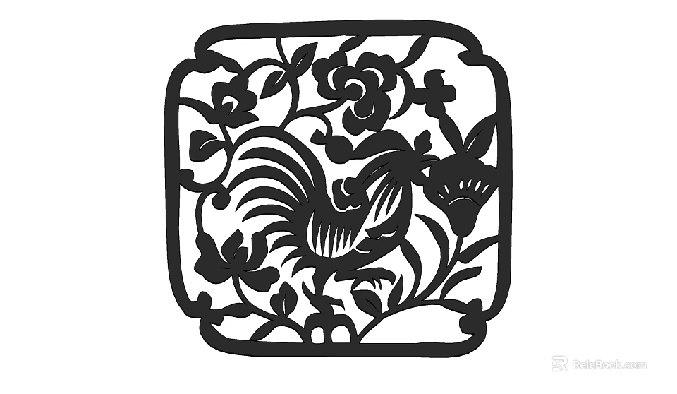 Intricate Carved Square Window With Rooster And Floral Patterns Decorative Design 3d model 