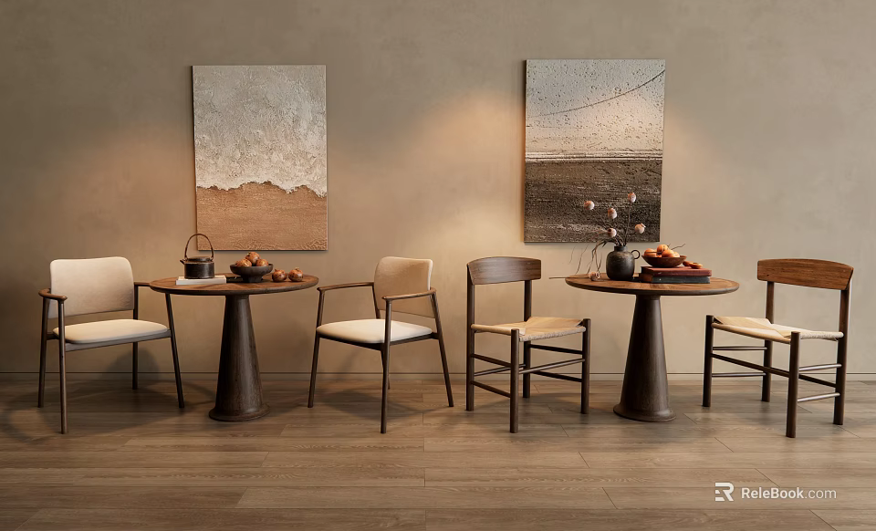 Modern Round Table and Chair Set in Cozy Interior With Decorative Vase And Wall Paintings 3d model 