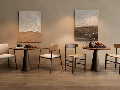 Modern Round Table and Chair Set in Cozy Interior With Decorative Vase And Wall Paintings 3d model